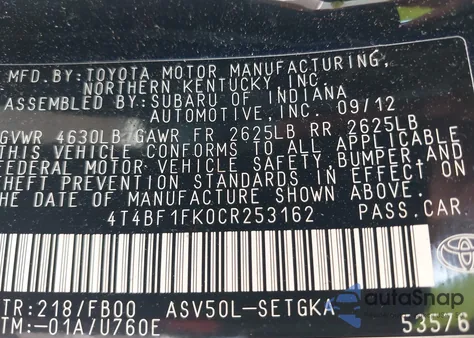 2012 Toyota Camry Xle z USA, uszkodzony, nr VIN 4T4BF1FK0CR253162